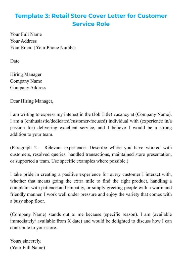 A customer service focused retail cover letter template for a job seeker