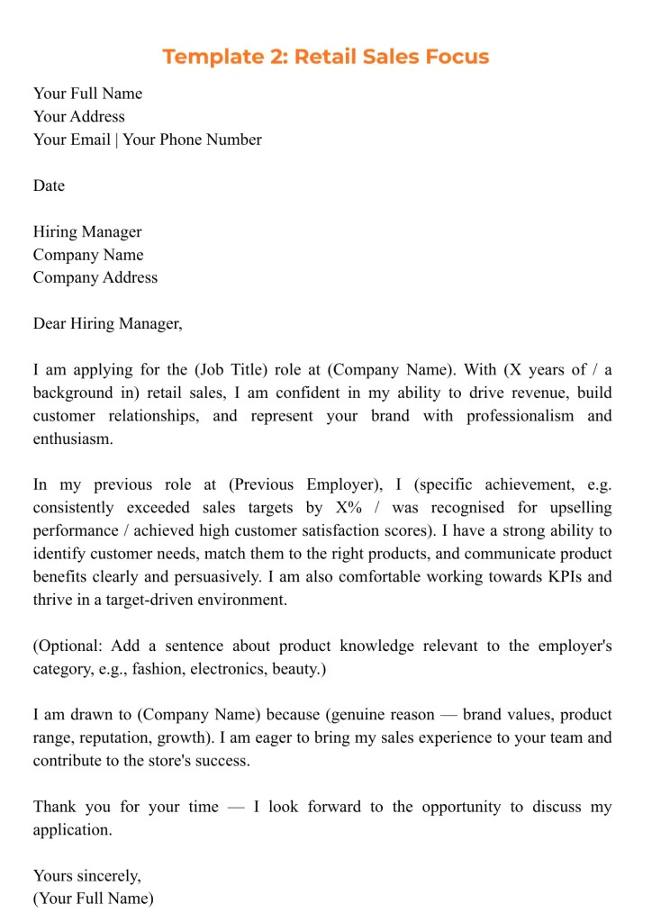 A sales-focused retail cover letter template for a job application.