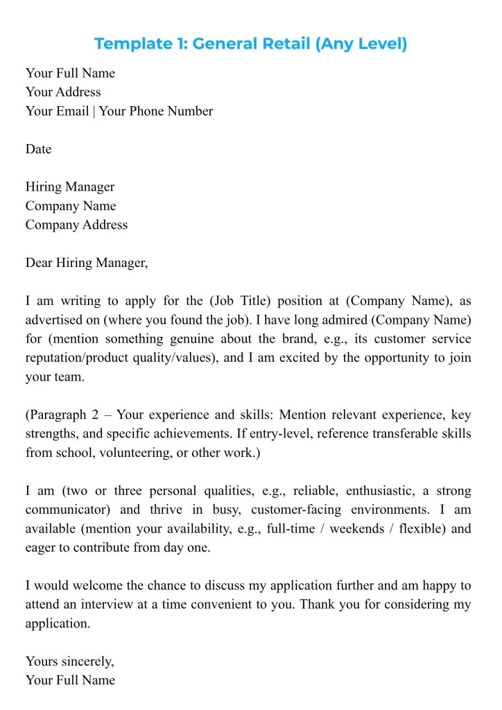 An example of a retail cover letter template for a job application.