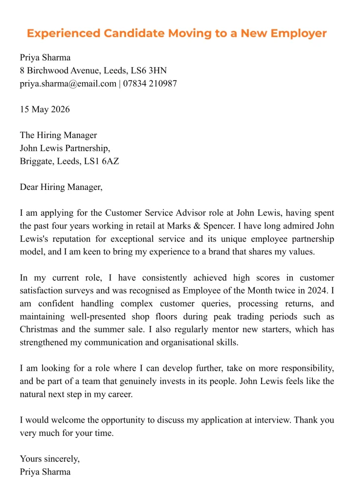Retail cover letter example for experienced candidates changing retail employers