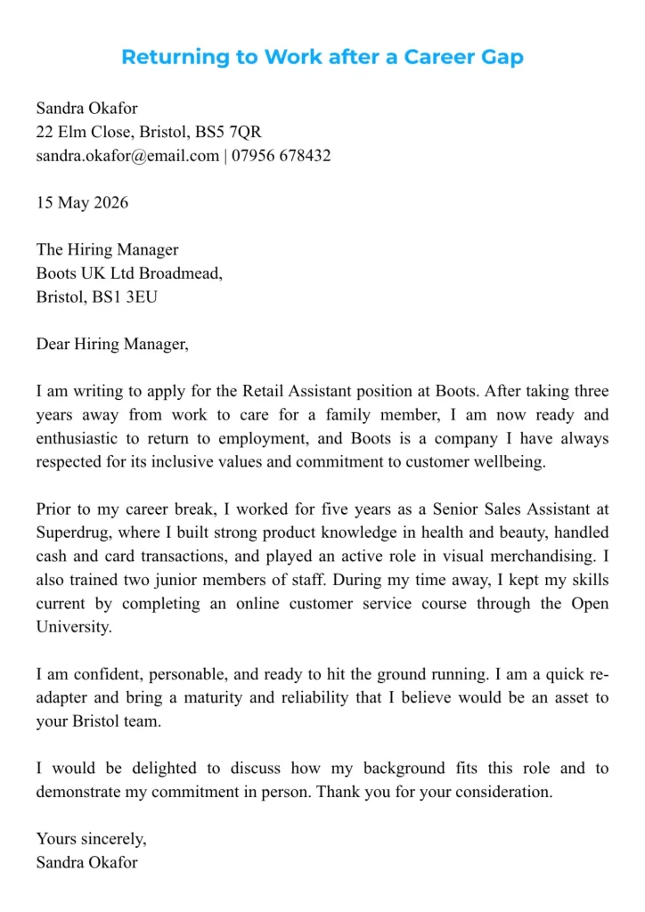 Retail cover letter example for returning to work after a career break