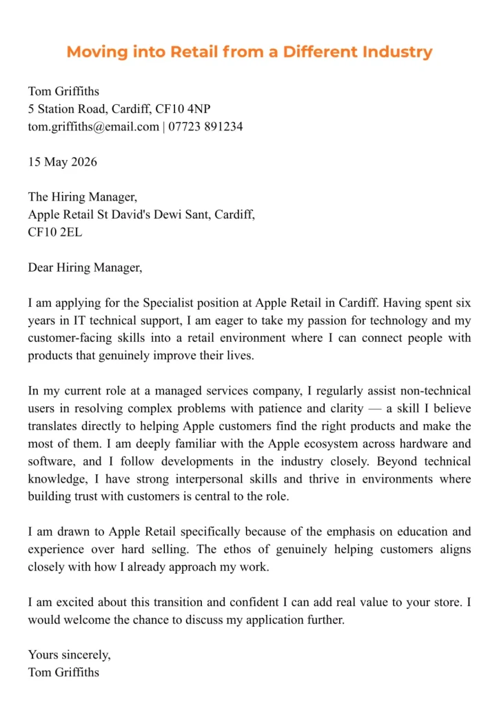 Retail cover letter for a specialist role highlighting IT and customer service skills