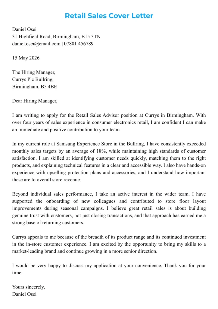 Retail cover letter for sales advisor role with customer service and upselling experience