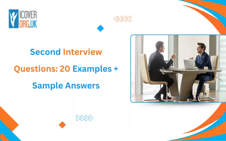 Graphic for Second Interview Questions: 20 Examples and Sample Answers featuring two men talking
