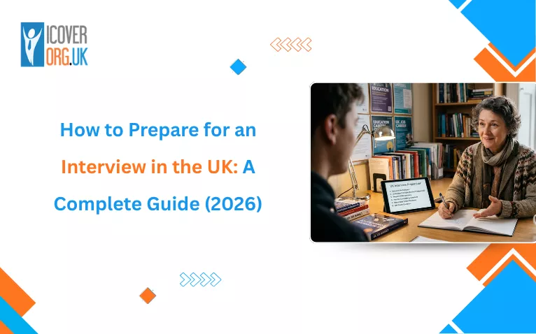 Title banner for a 2026 UK interview guide next to an image of an interview in progress