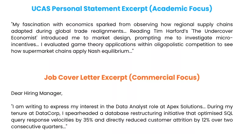 an image with two samples on UCAS personal statement and job cover letter